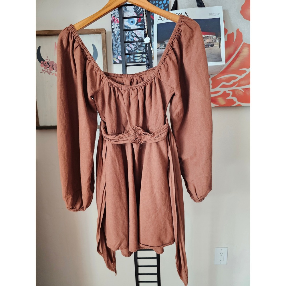 L*Space Cocoa Brown Linen Blend Puff Sleeve Cutout Mini Dress Womens Medium